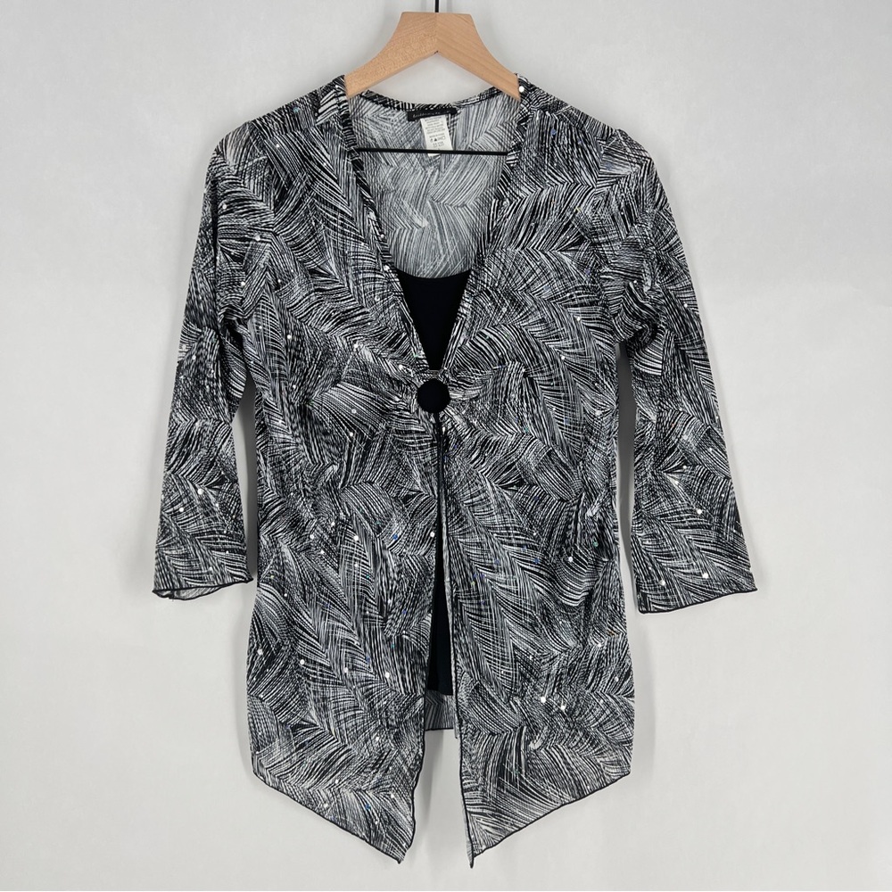 Brittany Black Crinkle Textured Black & White Printed Split Front Sequin Top Y2K